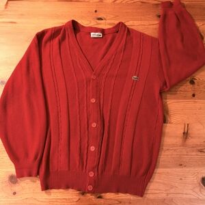 Women's M/L Vintage 70s French Chemise Lacoste Cable-Knit Cardigan - Rare Red